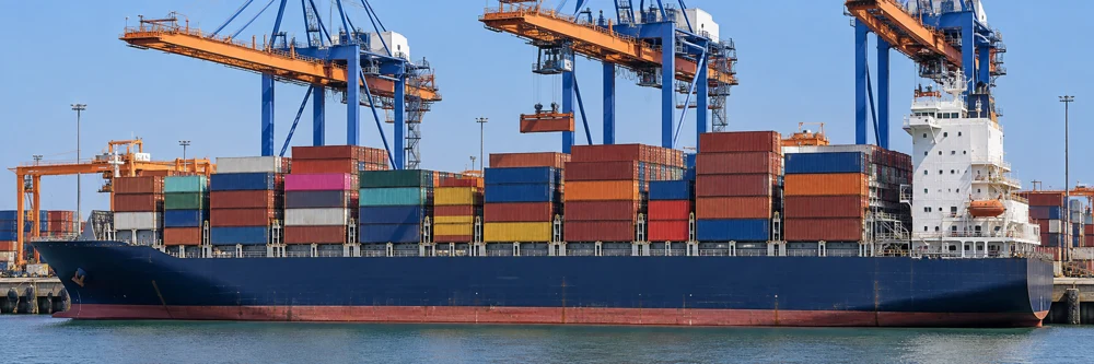 Cargo ship and cranes at a container port